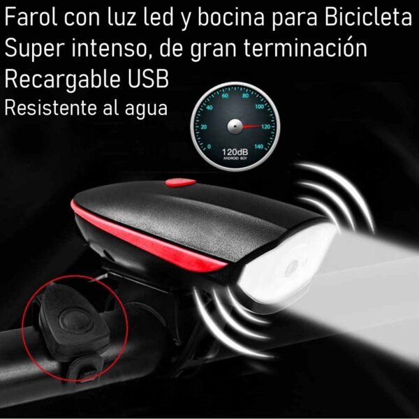 Farol Luz Led Delantera Recargable Bicicleta Con Bocina - Imagen 5