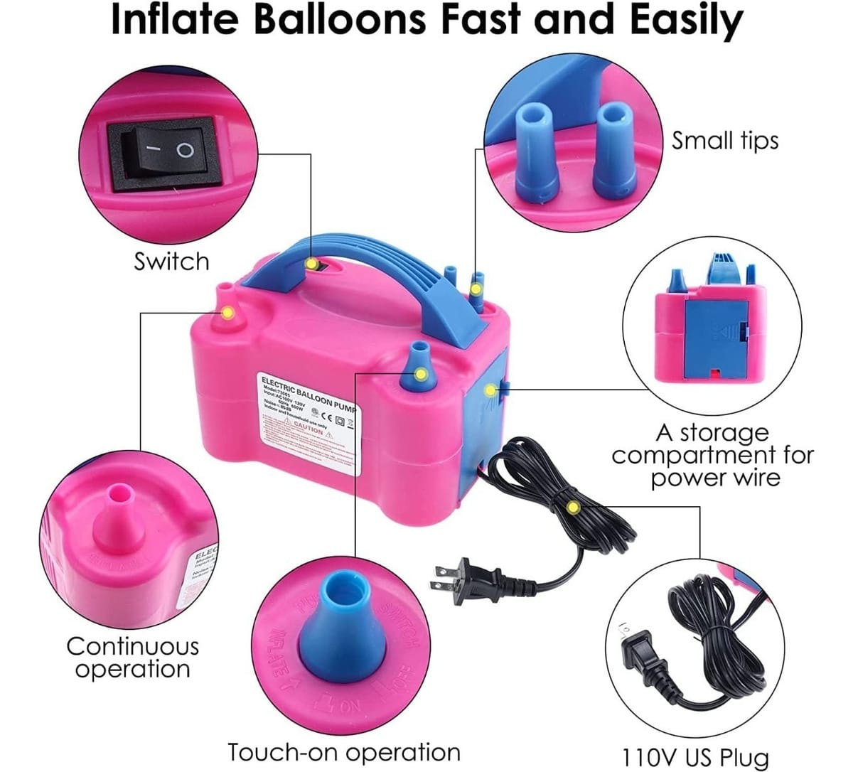 Inflador Globos Eléctrico Compresor 600w 2 Inyectores Fiesta - Imagen 8