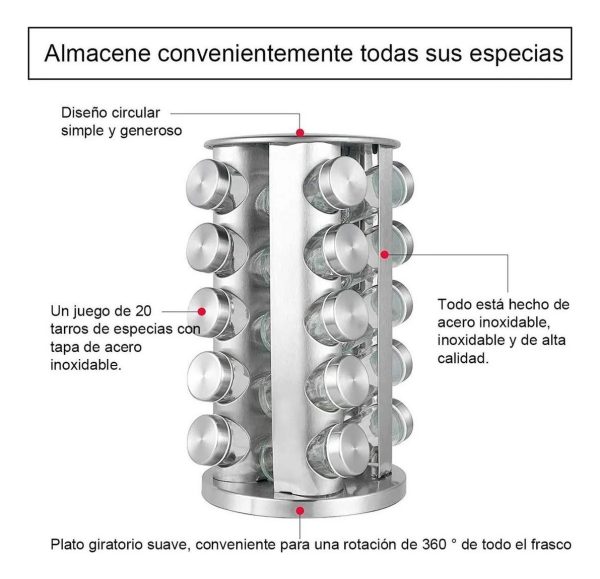 Especiero Giratorio Vertical 20 Frascos Vidrio Acero Inox - Imagen 3