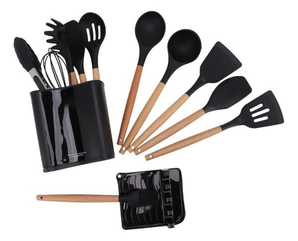 Juego De Menage 13 Piezas En Silicona Y Madera + Contenedor
