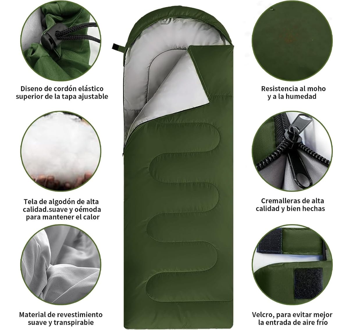 Sobre Saco De Dormir Aislante Caza Camping 2mt Capucha Liso - Imagen 4