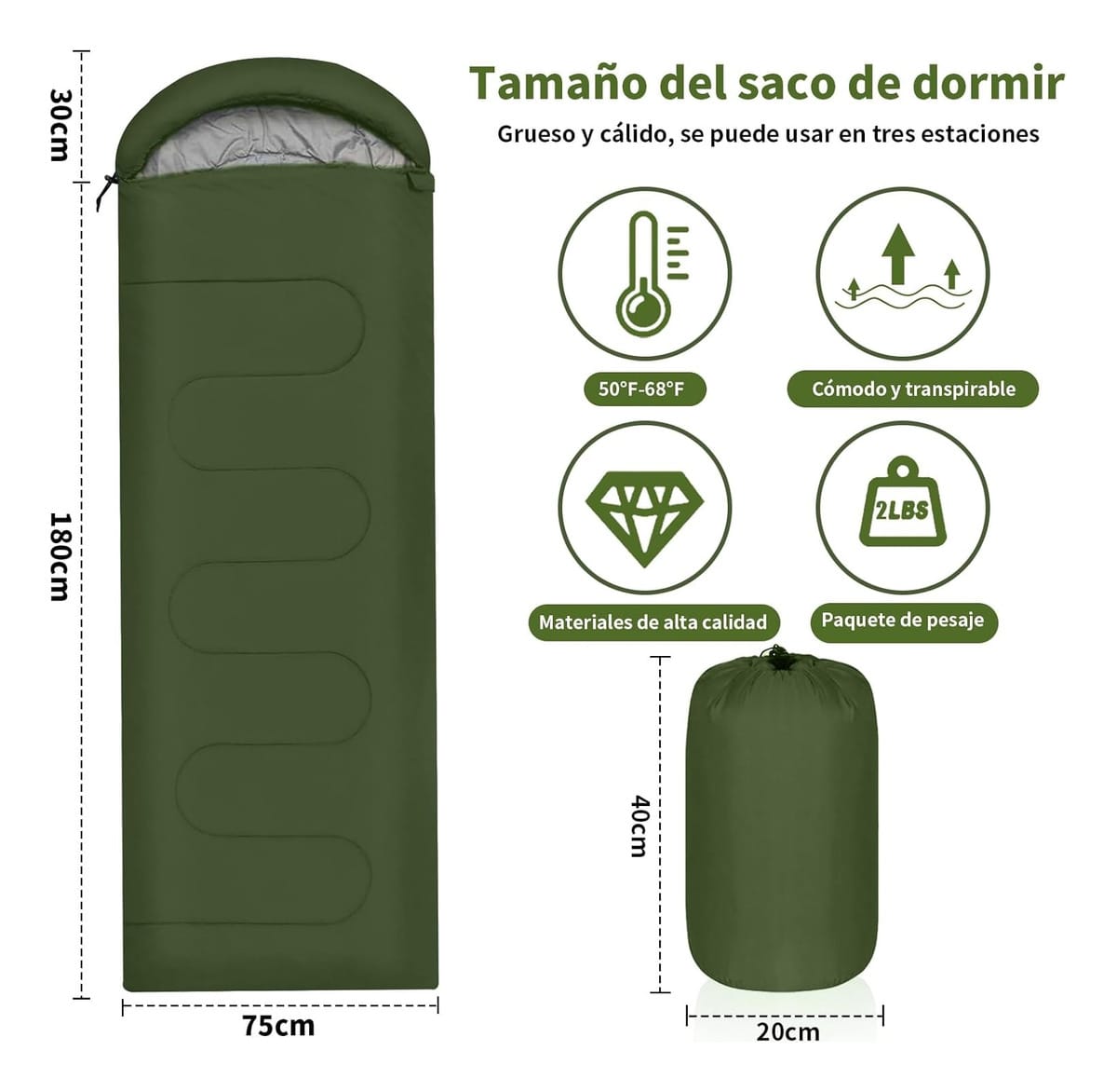 Sobre Saco De Dormir Aislante Caza Camping 2mt Capucha Liso - Imagen 2