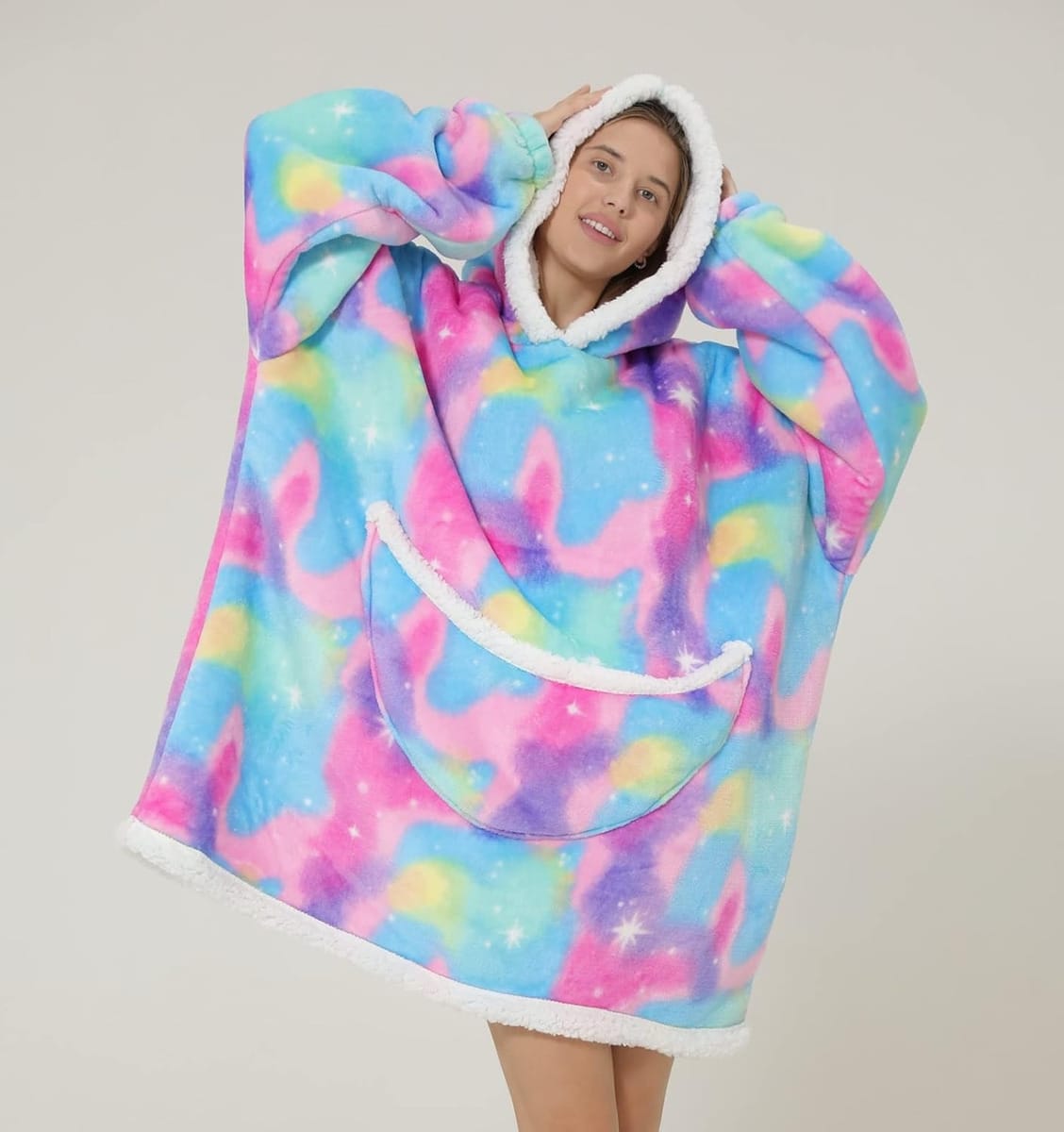 Buzo Manta Canguro Gigante Polar Corderito Capucha Arcoiris - Imagen 6