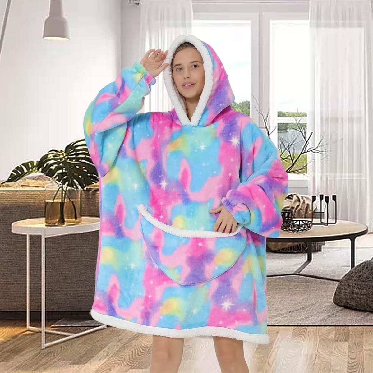 Buzo Manta Canguro Gigante Polar Corderito Capucha Arcoiris - Imagen 5