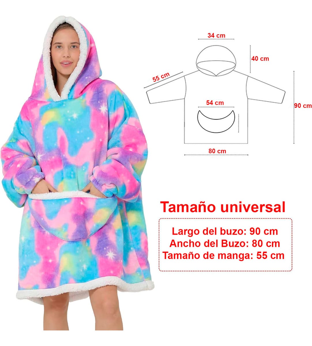 Buzo Manta Canguro Gigante Polar Corderito Capucha Arcoiris - Imagen 7