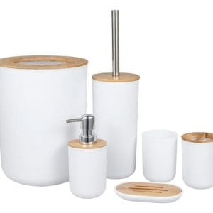 Set De Baño 6 Piezas En Bambú Jabonera Papelera Accesorios