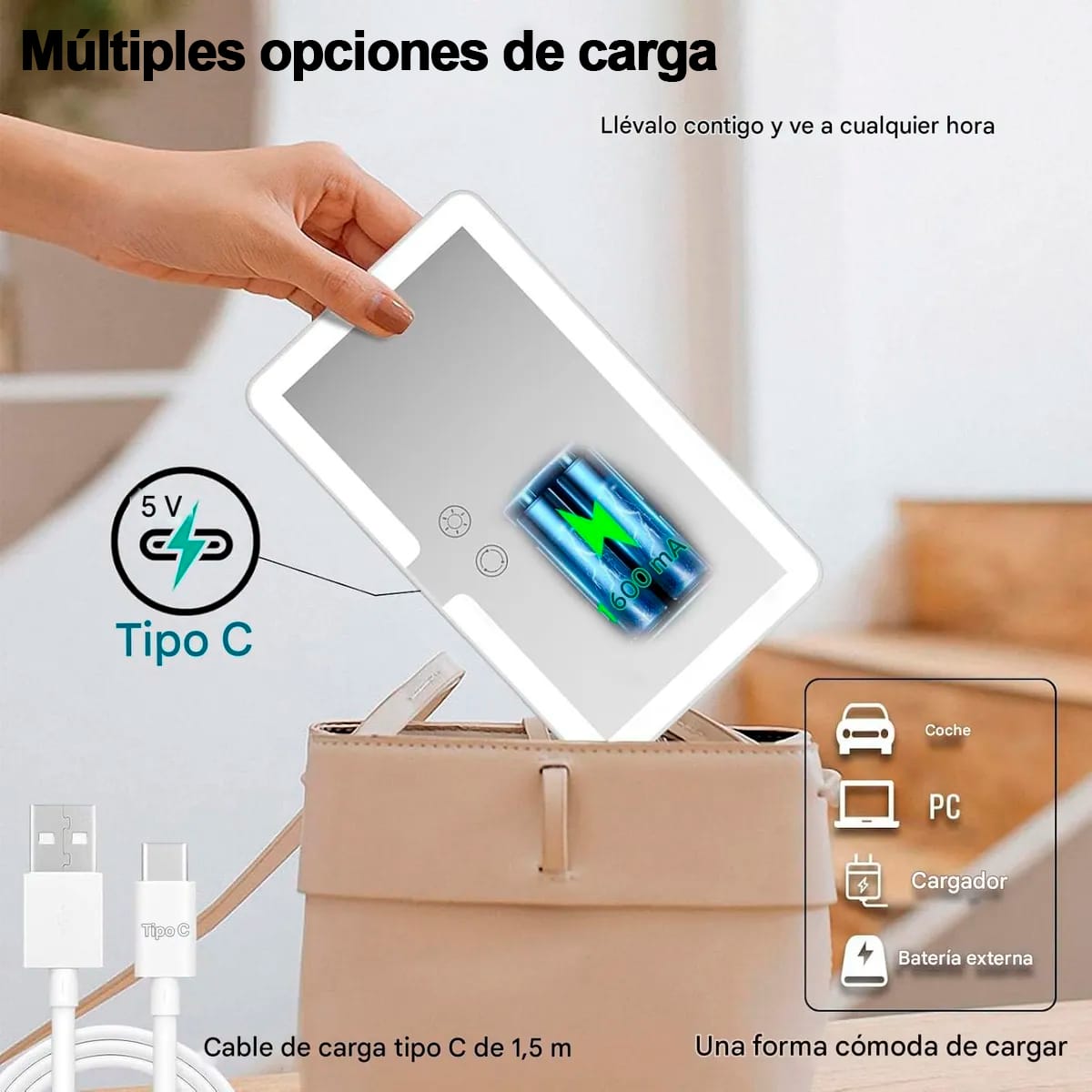 Espejo Con Tocador Para Auto 3 Modos Tactil Recargable Usb - Imagen 3