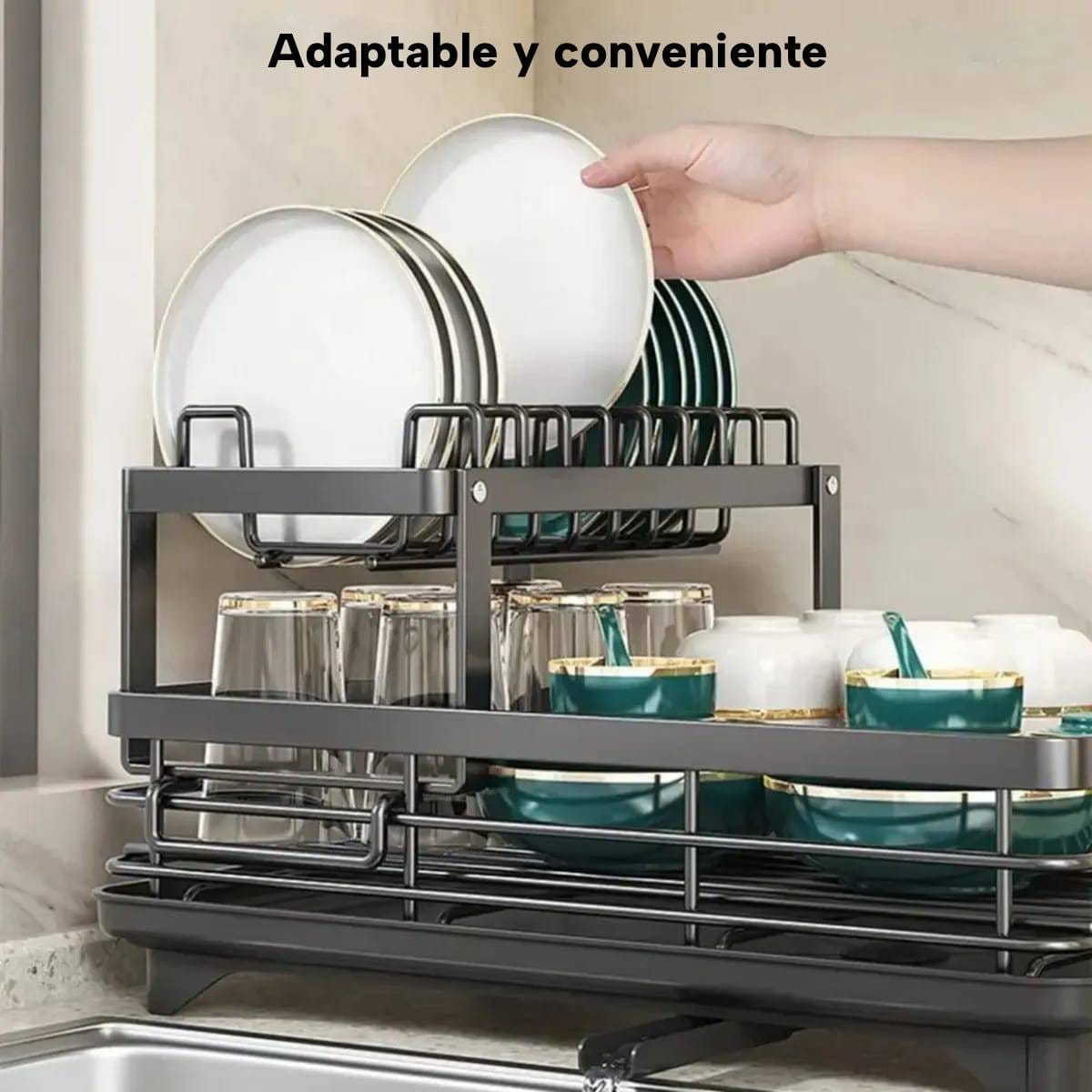 Escurridor Platos Vajilla Ajustable Doble Nivel Con Drenaje - Imagen 6