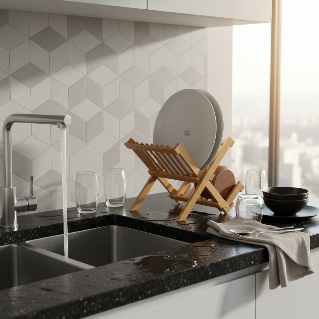 Escurridor De Platos Plegable De Bambú 2 Niveles Para Mesada - Imagen 6