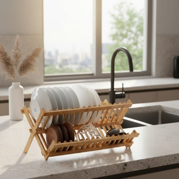 Escurridor De Platos Plegable De Bambú 2 Niveles Para Mesada - Imagen 2