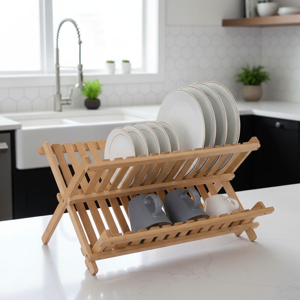 Escurridor De Platos Plegable De Bambú 2 Niveles Para Mesada - Imagen 5