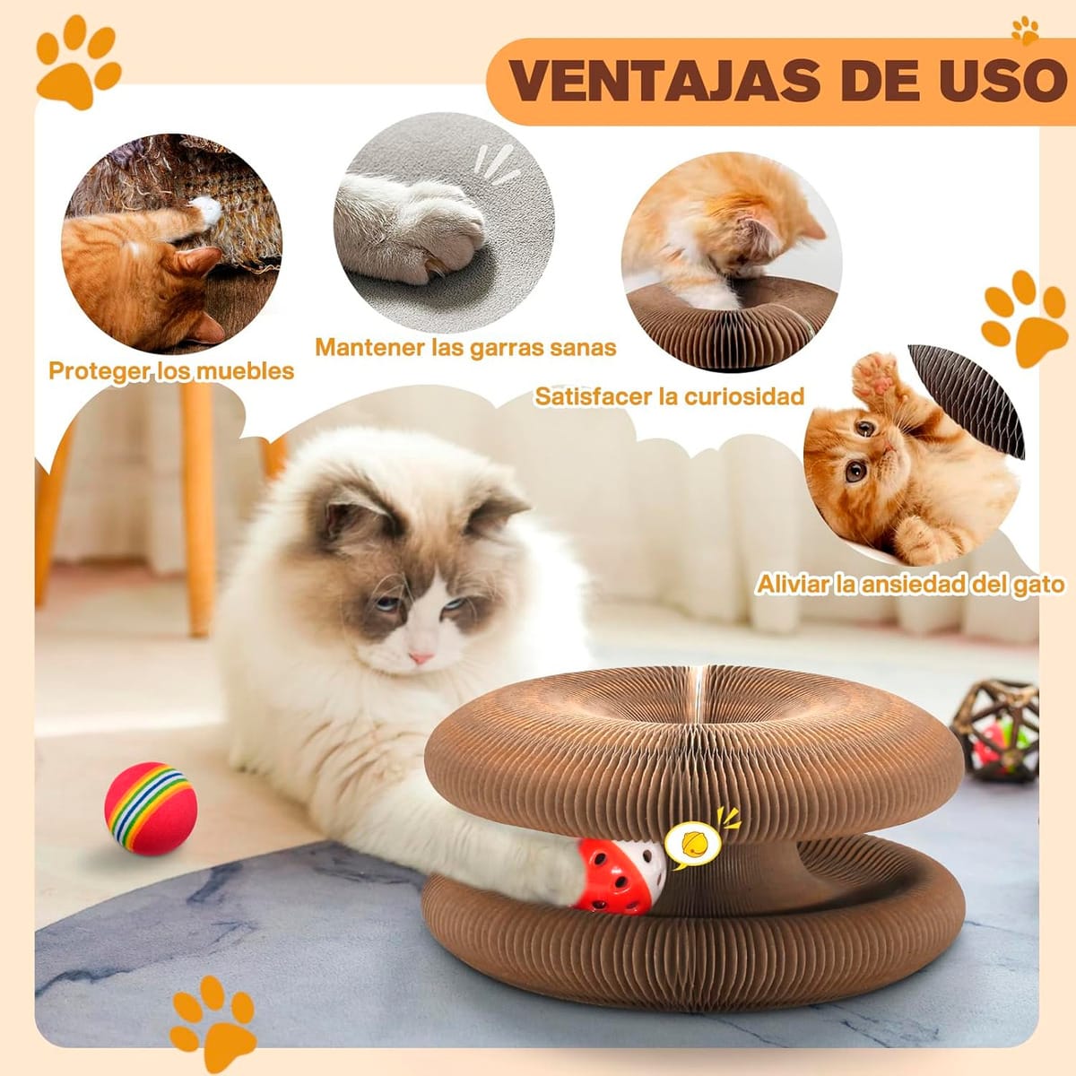 Rascador Plegable De Carton Corrugado Para Gatos Con Pelota - Imagen 6
