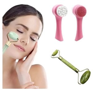 Rodillo Piedra Jade Masajeador Facial + Cepillo Exfoliante
