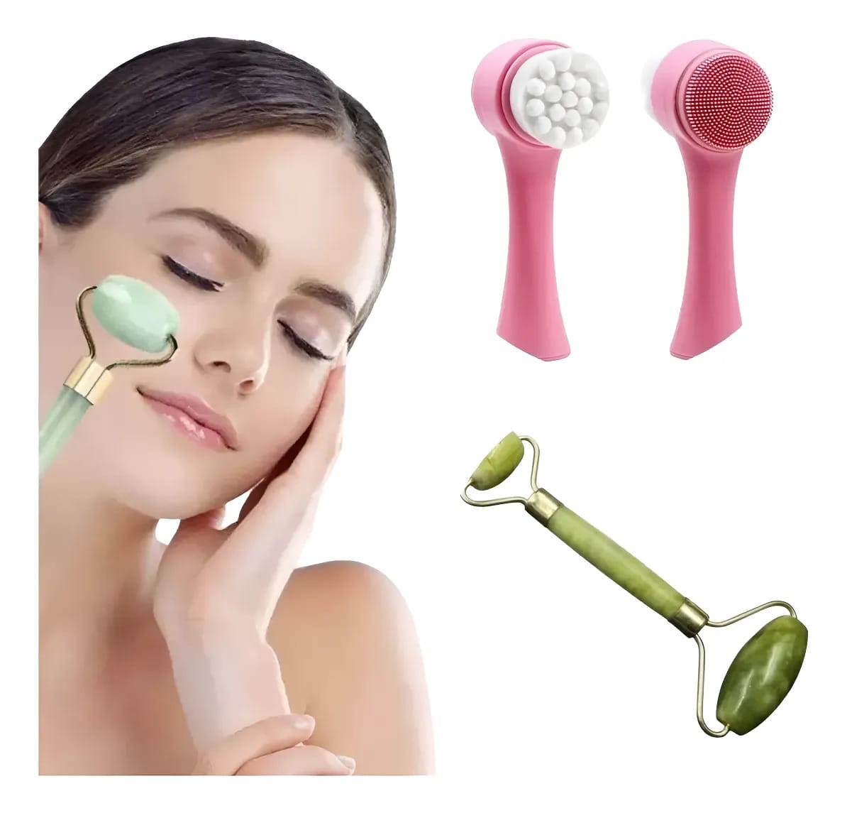 Rodillo Piedra Jade Masajeador Facial + Cepillo Exfoliante