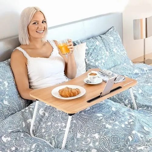 Mesa Bandeja Apoyo Cama Desayuno Picnic Plegable Porta Vaso - Imagen 2