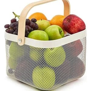 Cesto Canasto Para Frutas Verduras En Metal Con Asa Madera