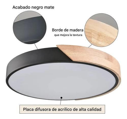 Plafon Led 27cm Luminaria Metal Negro Madera Luz Blanca Fria - Imagen 3