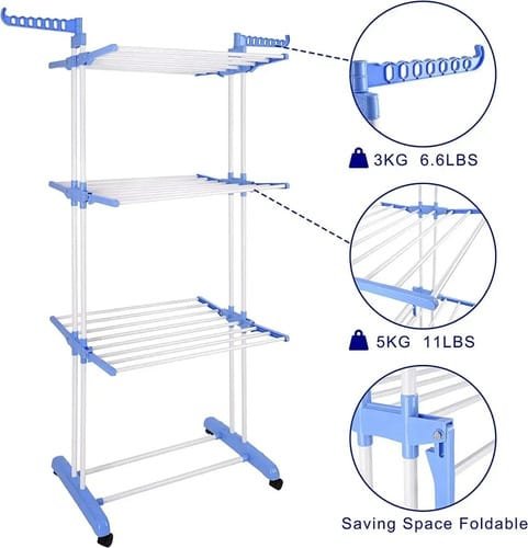 Tendedero Tender Ropa De Pie Plegable Acero Inox Con Barras Azul Acero - Imagen 3