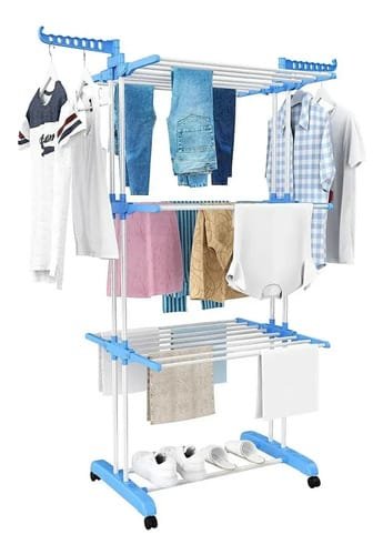 Tendedero Tender Ropa De Pie Plegable Acero Inox Con Barras Azul Acero